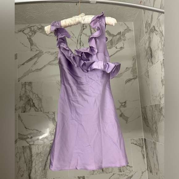 House of CB TINK ORCHID SATIN RUFFLE MINI DRESS. Size M - Picture 6 of 7